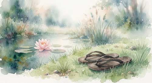 Una flor de loto fresca flotando en agua tranquila junto a unas sandalias sencillas de monje en la orilla, simbolizando la conexión entre la meditación y la vida cotidiana