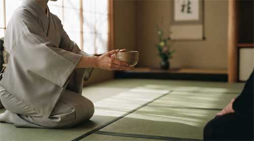 Escena de ceremonia de té Urasenke con anfitrión arrodillado sirviendo matcha en cuenco raku de tono neutro sobre tatami, iluminación suave natural entrando por shoji, atmósfera cálida y acogedora