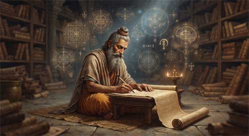 Erudito escribiendo intensamente en un manuscrito largo, rodeado de diagramas esquemáticos de la mente, simbolizando el análisis abhidharmico