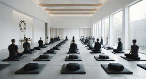 Filas ordenadas de meditadores sentados en silencio en un gran salón minimalista, simbolizando la disciplina colectiva del método birmano