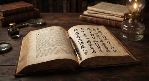 Libro antiguo abierto mostrando texto en inglés y caracteres chinos entrelazados, con una pluma estilográfica antigua encima, simbolizando la traducción cultural