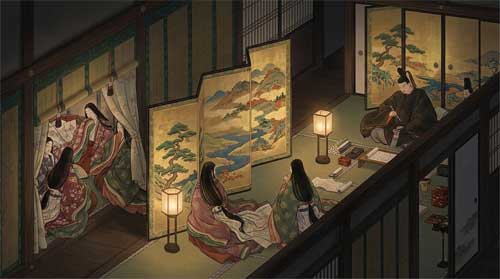 Pintura clásica japonesa de época Heian mostrando escenas cortesanas con biombos decorativos