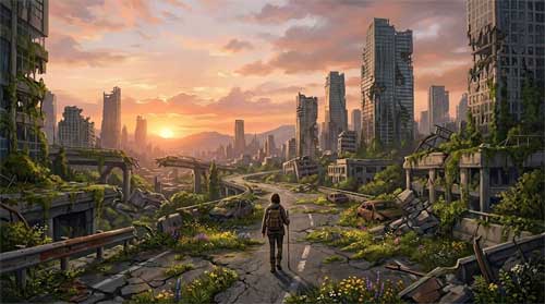 Paisaje desolado pero hermoso con ruinas urbanas cubiertas de vegetación y una figura solitaria caminando