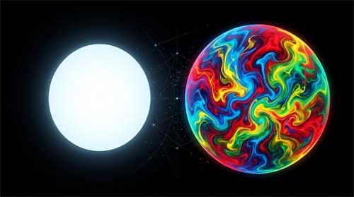 Representación abstracta de dos esferas entrelazadas: una luminosa blanca y otra multicolor dinámica