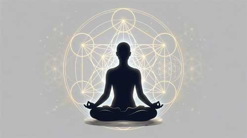 Silueta meditativa en postura de loto sobre un fondo geométrico sagrado