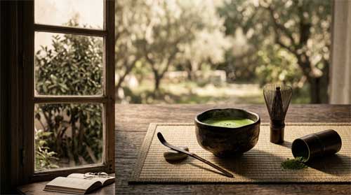 Taza de té matcha verde espumoso sobre tatami con utensilios de bambú