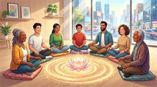 Grupo diverso de personas practicando juntas con energía y serenidad en un entorno urbano moderno
