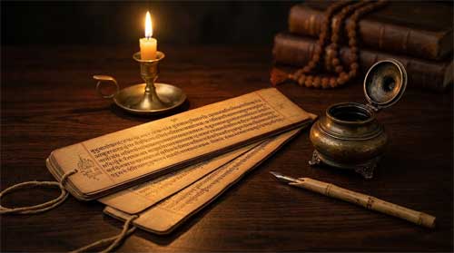 Manuscrito antiguo enrollado con escritura sánscrita sobre una mesa de estudio con tinta