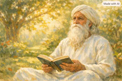 Retrato sereno de Rabindranath Tagore con fondo de naturaleza bengalí y luz suave