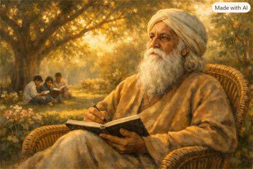 Retrato de Rabindranath Tagore con barba blanca mirando hacia un paisaje rural bengalí