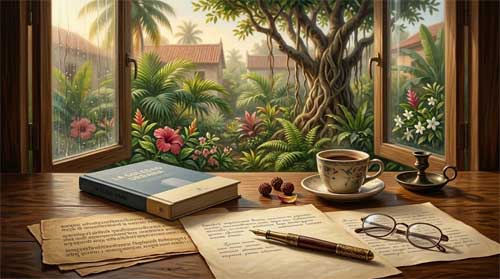 Escritorio ordenado con manuscritos, pluma estilográfica y vista de un jardín tranquilo
