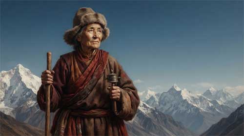 Retrato estilizado de Alexandra David-Néel con vestimenta tibetana, mirando hacia el horizonte montañoso, con expresión de determinación serena