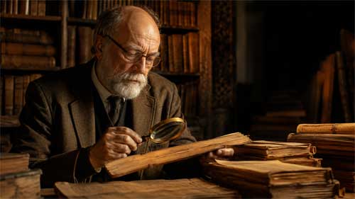 Retrato sereno de Alexis Sanderson en entorno académico, rodeado de manuscritos antiguos y textos sánscritos, con expresión de concentración intelectual