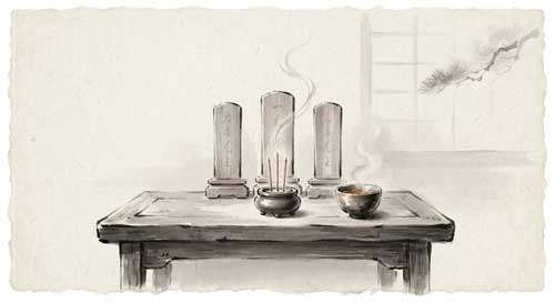 Representación minimalista de un altar familiar con incienso y tablillas