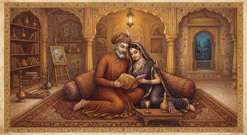 Pintura tradicional india mostrando una pareja madura en un interior palaciego, compartiendo una copa de vino y rodeados de libros y objetos de arte