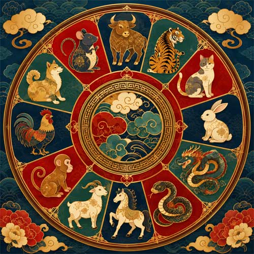 Ilustración artística circular que muestra siluetas estilizadas de los doce animales del zodíaco chino, con elementos decorativos de nubes y símbolos de los cinco elementos