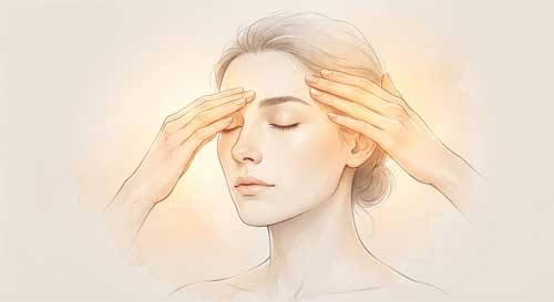 Ilustración serena de un rostro con los ojos cerrados y dedos aplicando presión suave en las sienes y el entrecejo, transmitiendo alivio y calma mental