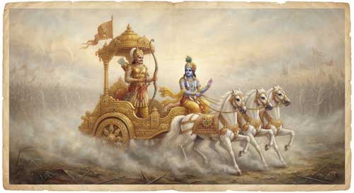 Carro de guerra dorado en un campo de batalla neblinoso, con dos figuras: un arquero guerrero y un auriga divino de piel azul, representando a Arjuna y Krishna