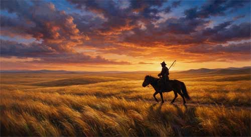 Pastor mongol oirat a caballo en la inmensa estepa de Bortala al atardecer, silueta contra un cielo vasto con nubes dramáticas