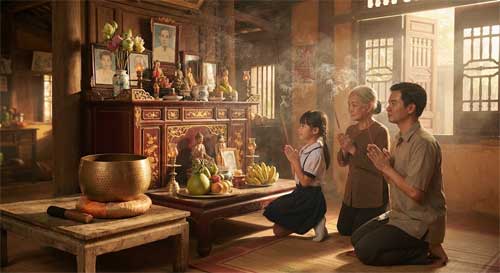 Escena cotidiana vietnamita donde una familia ofrece incienso en el altar ancestral mientras suena suavemente un cuenco de meditación, integrando devoción y mindfulness en el hogar
