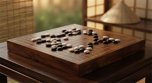 Tablero de Cờ Vây con piedras dispuestas en un entorno tradicional vietnamita, evocando serenidad y estrategia