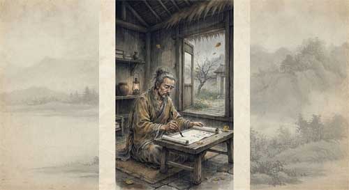 Du Fu escribiendo en su cabaña bajo la lluvia, ilustración estilo pintura china tradicional