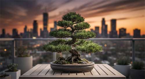 Penjing compacto y elegante sobre una mesa de madera en un balcón urbano con vistas difuminadas a rascacielos, mostrando la adaptación del arte a la vida moderna