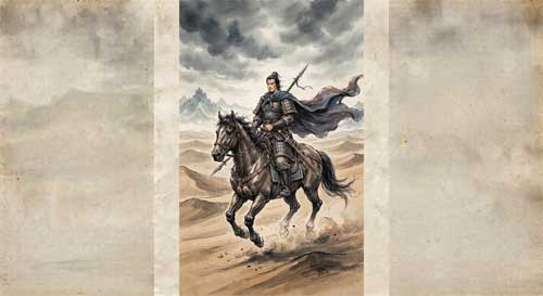Gao Shi en la frontera del desierto, ilustración estilo pintura china épica