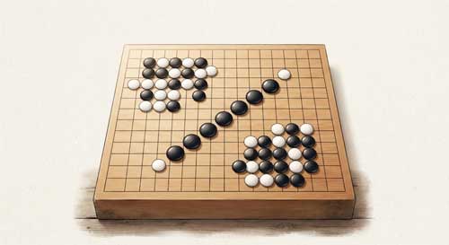 Tablero de Gomoku con piedras negras y blancas mostrando una línea de cinco piedras negras ganadora