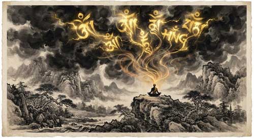 Cielo tormentoso oscuro con rayos dorados vibrantes formando sílabas sánscritas, silueta meditativa pequeña abajo recibiendo la energía sonora, estilo dramático y poderoso tinta china