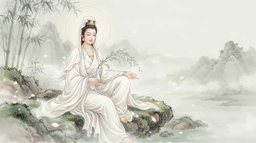 Guanyin de la Túnica Blanca sentado serenamente sobre roca o loto, vestimenta blanca fluida, expresión de compasión maternal suave, fondo de bambú o niebla montañosa