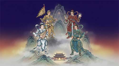 Guanyin manifestado como los Cuatro Reyes Celestiales, cuatro figuras guerreras en armadura distintiva por dirección cardinal, dispuestas en formación protectora alrededor de un templo terrestre, con aura unificada índigo y dorada