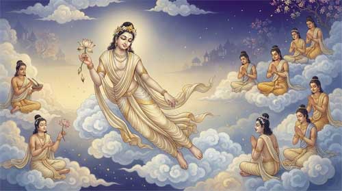 Guanyin manifestado como Deva Gupta del siglo V, figura celestial masculina con vestimenta fluida y joyería sutil, flotando entre nubes etéreas con expresión serena pero melancólica, rodeado de otros devas en proporciones realistas