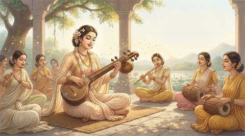 Guanyin manifestada como Gandharvinī Gupta del siglo V, músico celestial femenina tocando vīṇā con expresión concentrada y serena, envuelta en aroma visualizado mediante partículas doradas flotantes, rodeada de otras gandharvinīs en proporciones realistas sin texto visible