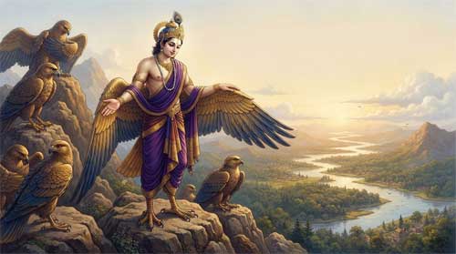 Guanyin manifestado como Garuḍa Gupta del siglo V, ave celestial humana con alas desplegadas en vuelo sereno sobre paisaje montañoso, expresión de visión clara y compasión, rodeado de otros garuḍas en proporciones realistas sin texto visible