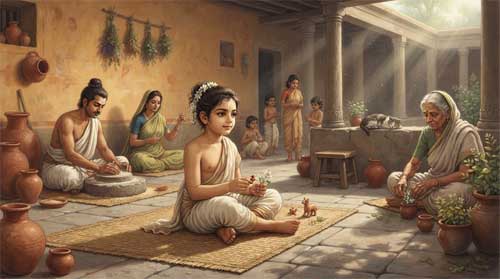 Guanyin manifestado como Niño Kumāra Gupta del siglo V, joven varón sentado en postura natural sobre esterilla en patio doméstico antiguo, expresión de curiosidad serena y presencia luminosa, rodeado de adultos y niños en proporciones realistas sin texto visible