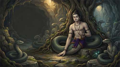 Guanyin manifestado como Mahoraga Gupta del siglo V, gran serpiente humana emergiendo de raíces ancestrales en caverna sagrada, expresión de paciencia infinita, rodeado de otros mahoragas en proporciones realistas sin texto visible
