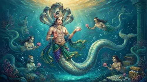 Guanyin manifestado como Nāga Gupta del siglo V, figura serpentina celestial emergiendo de aguas luminosas con expresión serena y protectora, sosteniendo perla sagrada, rodeado de otros nagas en proporciones realistas