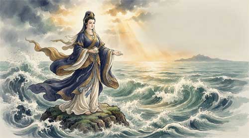 Guanyin del Mar del Sur de pie majestuosamente sobre roca o dragón marino entre olas dinámicas, vestimenta fluida ondeando al viento, expresión de autoridad serena, fondo de horizonte oceánico con luz dorada