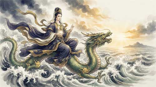 Guanyin montando un dragón marino sinuoso entre olas dinámicas, vestimenta fluida ondeando, expresión de autoridad serena, composición de movimiento ascendente hacia luz dorada