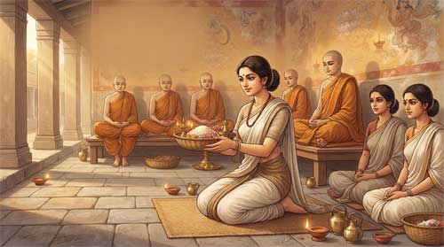 Guanyin manifestada como Upāsikā, mujer laica con vestimenta Gupta del siglo V arrodillada en gesto de ofrenda ante bhikkhunīs en un vihara antiguo, proporciones realistas, luz cálida filtrándose por columnas