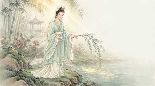 Guanyin con Rama de Sauce y Frasco de Agua Pura de pie sobre loto o roca, sosteniendo sauce en mano derecha y vaso en izquierda, expresión de compasión curativa, fondo de jardín sereno