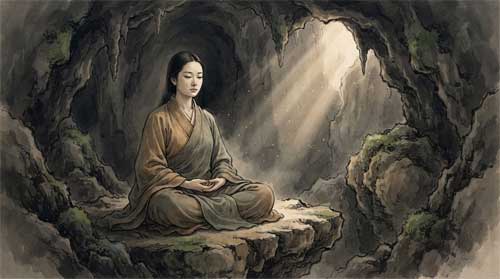 Guanyin sentada en meditación profunda dentro de una gruta rocosa oscura, iluminada por un haz de luz tenue, vestimenta sencilla en tonos tierra, atmósfera de soledad sagrada y tiempo geológico
