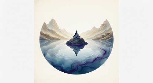 Ilustración simbólica de un lago de montaña reflejando la silueta de una yogui meditativa, con ondas sutiles que representan la transmisión de enseñanzas a través del tiempo