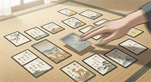 Cartas de Karuta dispersas sobre tatami con caligrafía japonesa y pinturas clásicas