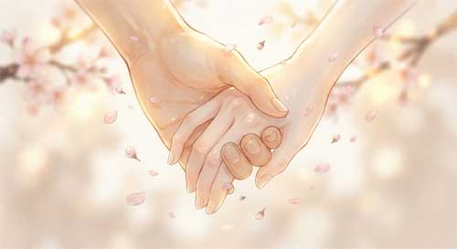 Ilustración delicada de dos manos entrelazadas suavemente sobre un fondo de luz cálida, con pétalos de cerezo flotando alrededor, simbolizando conexión y impermanencia