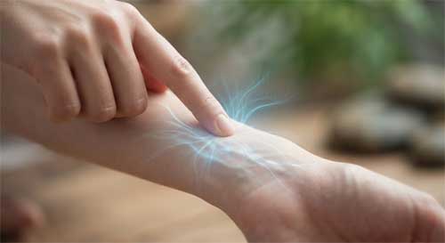 Primer plano artístico de un dedo índice presionando suavemente un punto en la muñeca, con líneas de energía sutiles brillando en azul claro alrededor del contacto, fondo desenfocado zen