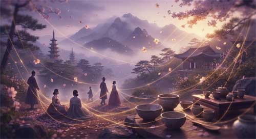 Hilos invisibles de luz cálida conectando siluetas humanas, un paisaje montañoso coreano y objetos cotidianos, representando jeong como vínculo emocional intangible pero poderoso