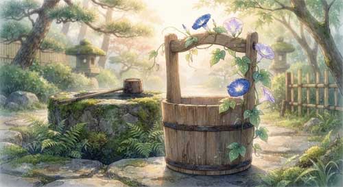 Ilustración delicada de un cubo de madera antiguo con una enredadera de campanillas azules enrollada en el asa, bajo la luz suave del amanecer