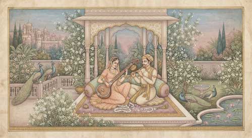 Ilustración estilo miniatura india antigua mostrando una escena elegante de cortejo en un jardín interior, con instrumentos musicales y flores, sin contenido explícito
